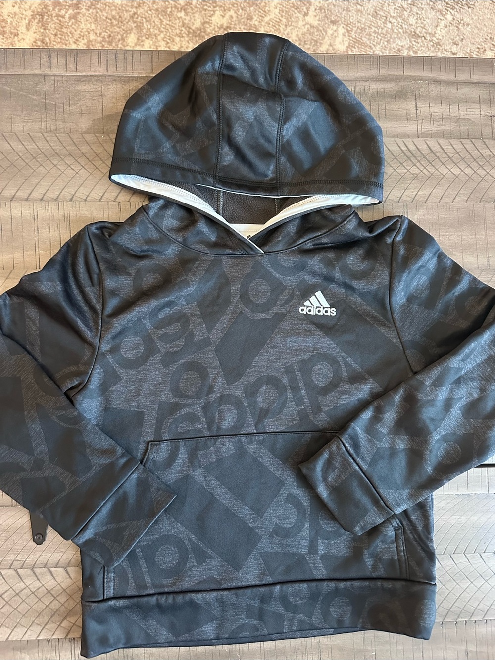 adidas Black Logo-Print Kids Hoodie with White Trimmed Hood